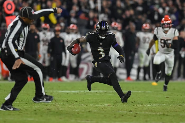 Nov 16, 2023; Baltimore, Maryland, USA; Baltimore Ravens wide receiver Odell Beckham Jr. (3) cuts as official falls during the second half against the Cincinnati Bengals at M&T Bank Stadium. Mandatory Credit: Tommy Gilligan-USA TODAY Sports